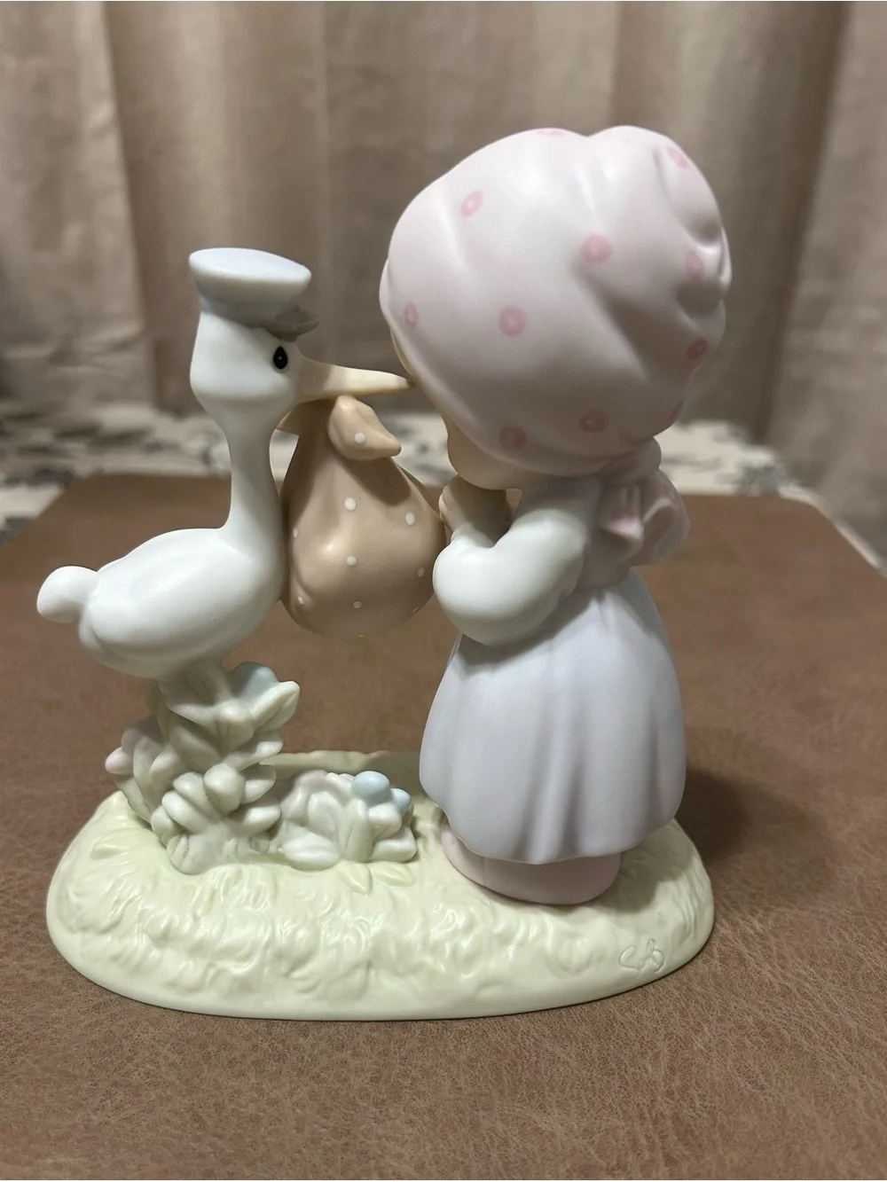 Precious Moments Pink and Cream Stork Baby Figurine